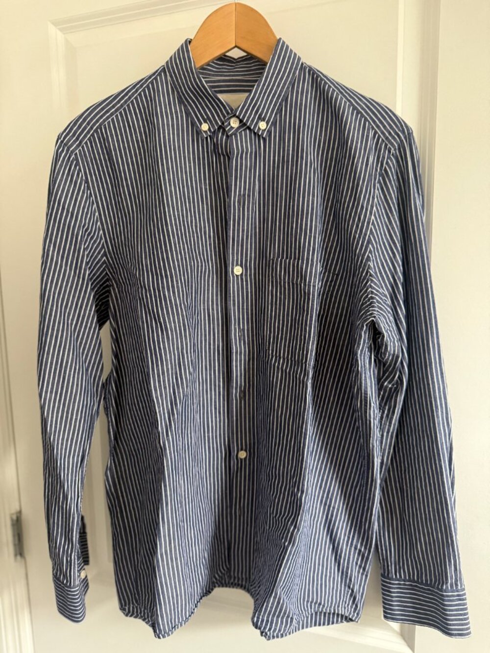 Noyoco Navy and White Striped Button Down Oxford Collar with Chest Pocket